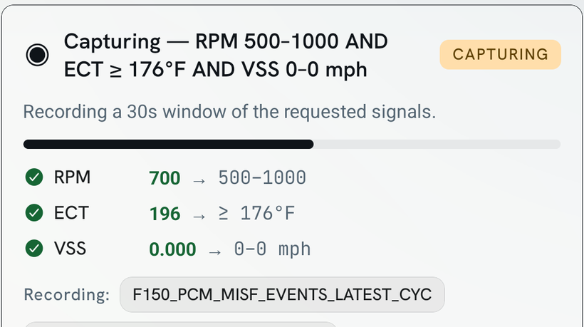 Fixiom capturing live data: the arming conditions RPM 500-1000, coolant above 176°F and vehicle speed zero each showing a green check with the current reading, and a progress bar recording a 30-second window of the misfire counters.
